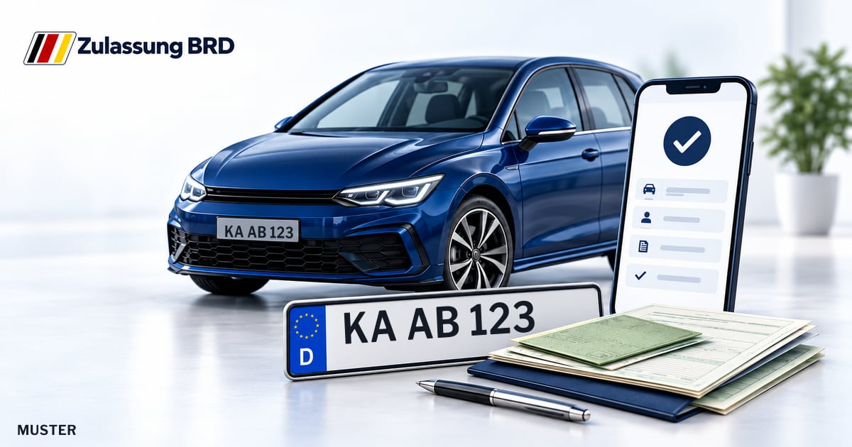 Online Fahrzeugzulassung in Bruchsal: Musterkennzeichen KA AB 123, Auto und Fahrzeugpapiere und Smartphone. Illustration mit Logo von Zulassung BRD.